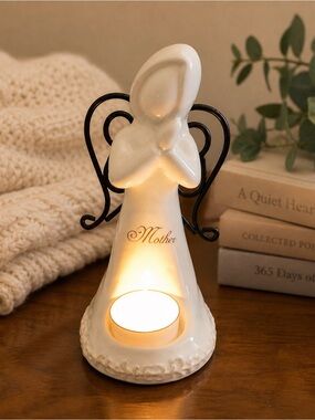 Mother Angel Porcelain Tea Light Candle Holder Gift w/ 2 Soy Candles